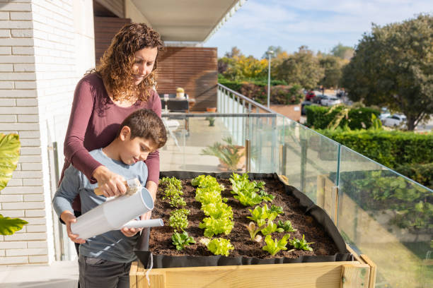 Image d'une famille sur leur balcon  faisant du jardinage pour débutants